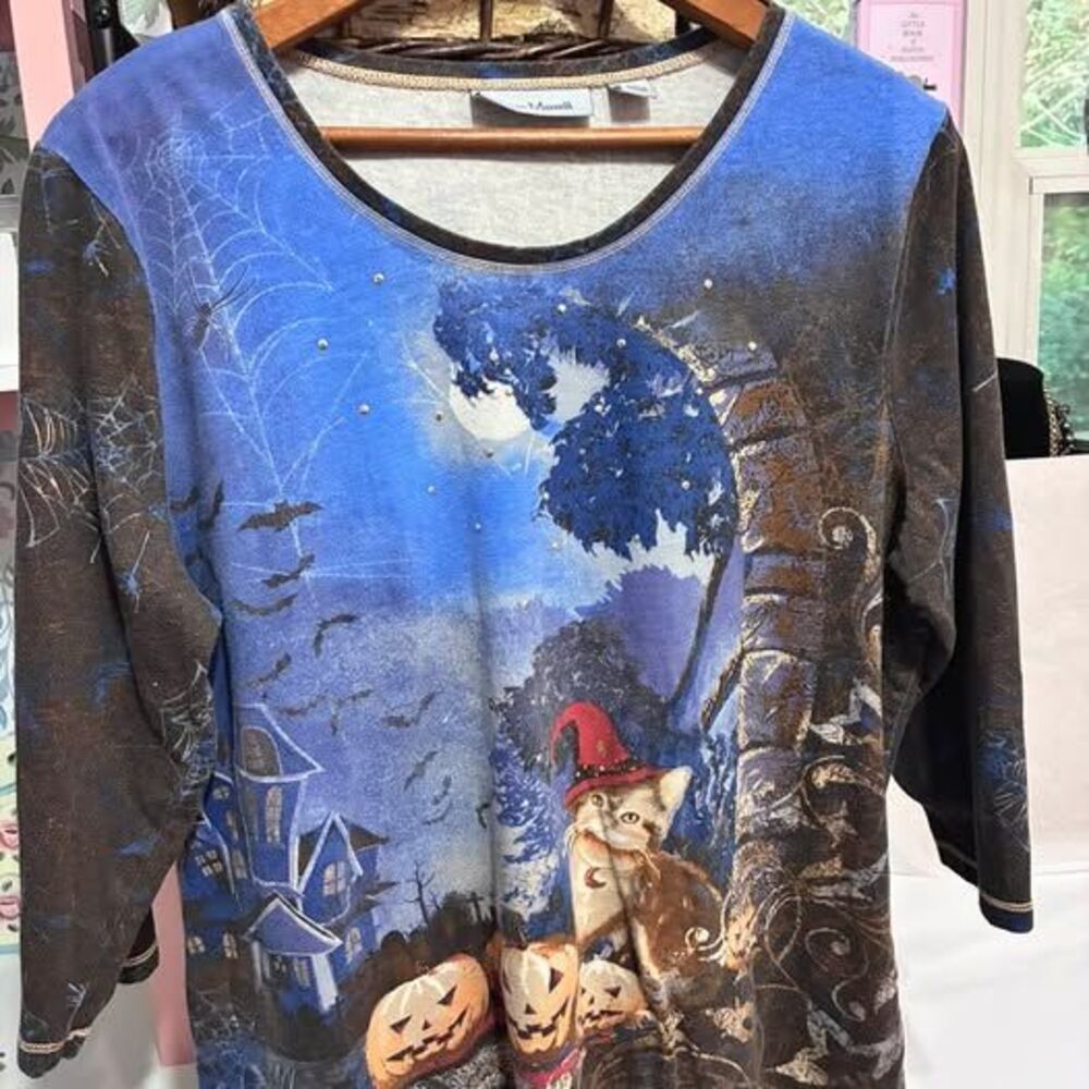 Vtg 90s Jason Maxwell Halloween Cat & Pumpkin Top Size XL